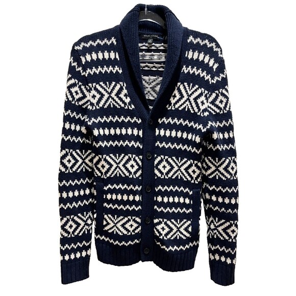 Banana Republic sz S Fair Isle Sweater Navy White Cardigan Shawl Collar Pockets - Picture 1 of 9
